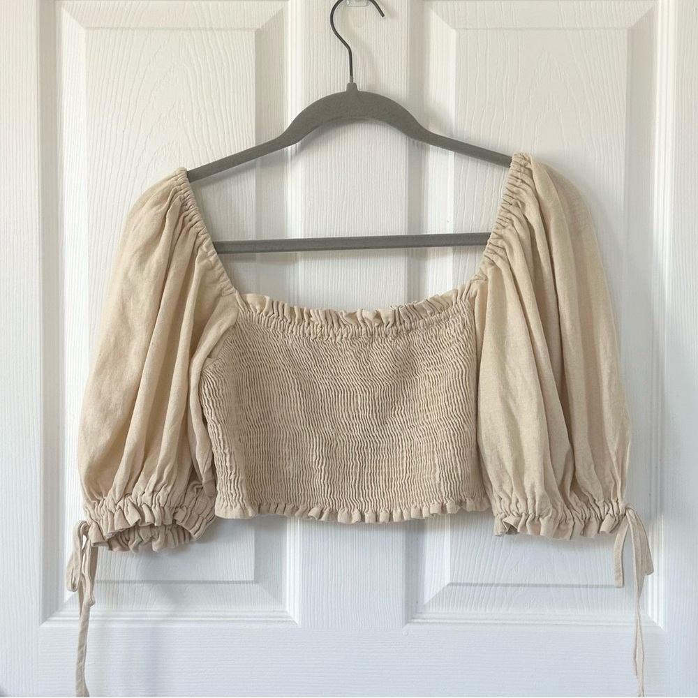 FARM Rio Smocked Balloon Sleeve Crop Top with Ties